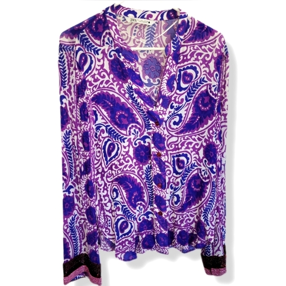 Zara Vibrant Purple Paisley Boho Long Sleeve V Neck Blouse with Beaded Sleeves - Picture 2 of 12
